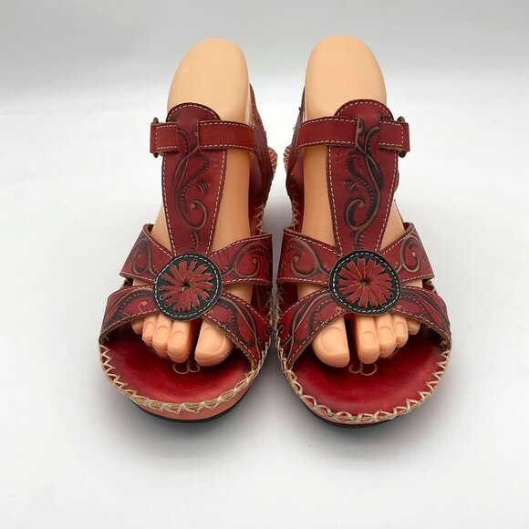 Spring Step L'ARTISTE Dinora Red Floral Wedge Stitched Imprinted Sandal  39/8.5 - Picture 2 of 11